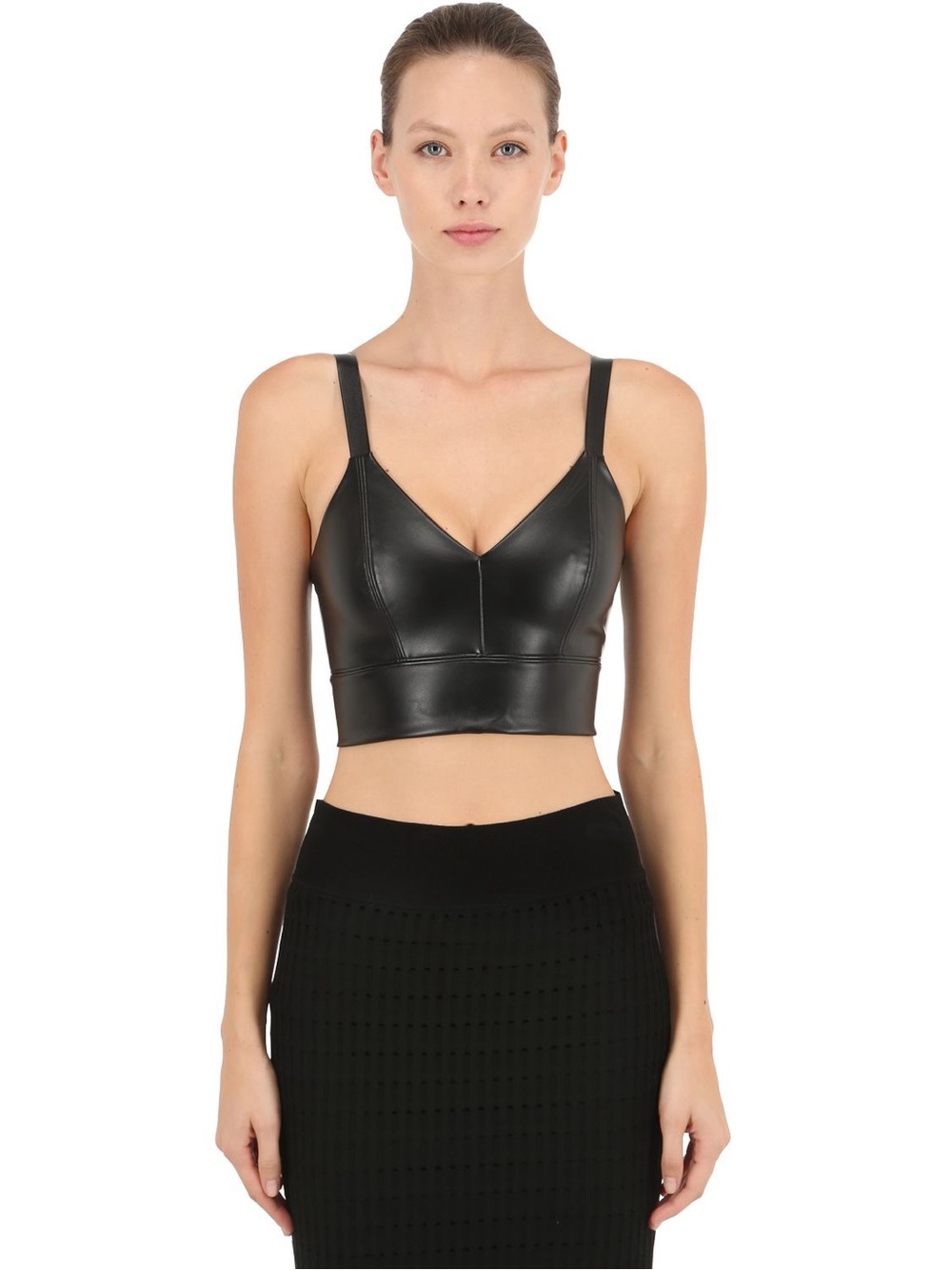 WOLFORD Emma Faux Leather Bra Top In Black